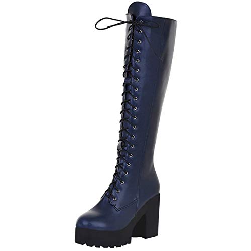 MISSUIT Kniehohe Stiefel Damen High Heels Plateau Boots mit Schnürung und 10cm Absatz Winter Damenschuhe(Blaue,38) von MISSUIT