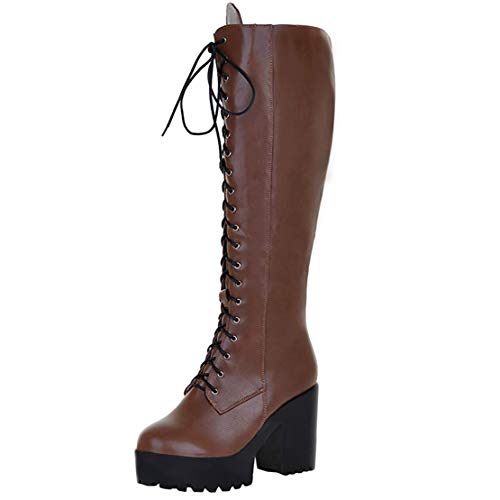 MISSUIT Kniehohe Stiefel Damen High Heels Plateau Boots mit Schnürung und 10cm Absatz Winter Damenschuhe(Braun,37) von MISSUIT