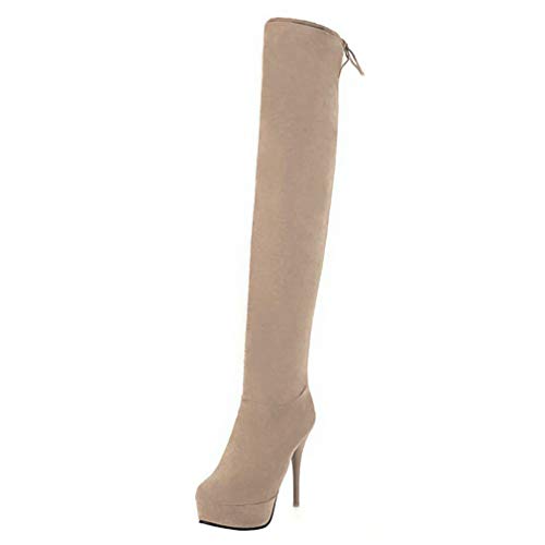 MISSUIT Overknee Stiefel High Heel Plateau Stiletto Boots mit Schnürung und 12cm Absatz Hohe Stiefel Herbst Winter Schuhe(Beige,EU38) von MISSUIT
