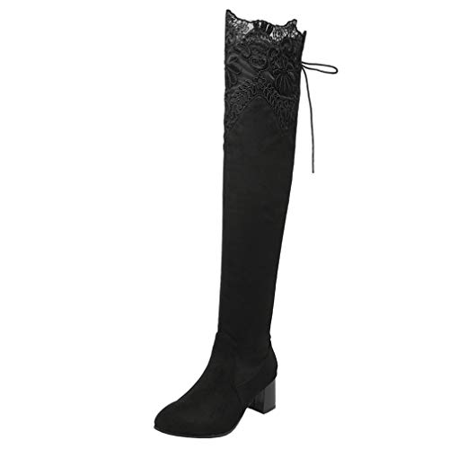 MISSUIT Overknee Stiefel mit Blockabsatz und Schnürung 6cm Absatz High Heels Boots (Schwarz,40) von MISSUIT