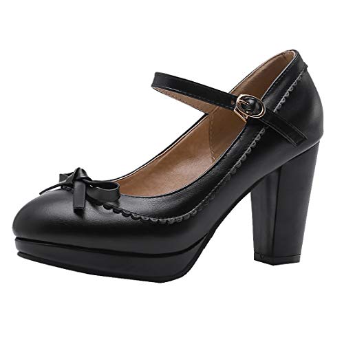 Mary Jane Damen Schuhe Blockabsatz High Heels Plateau Pumps mit Schleife Rockabilly Vintage Retro Geschlossen Schuhe (44,Schwarz) von MISSUIT
