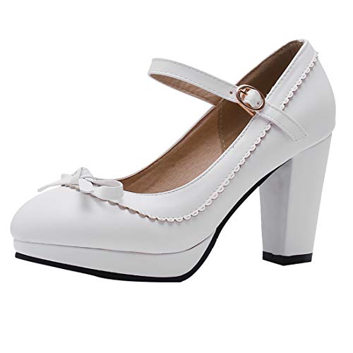 Mary Jane Damenschuhe Blockabsatz High Heels Pumps Plateau Geschlossen Retro Vintage Schuhe(Weiss,35) von MISSUIT