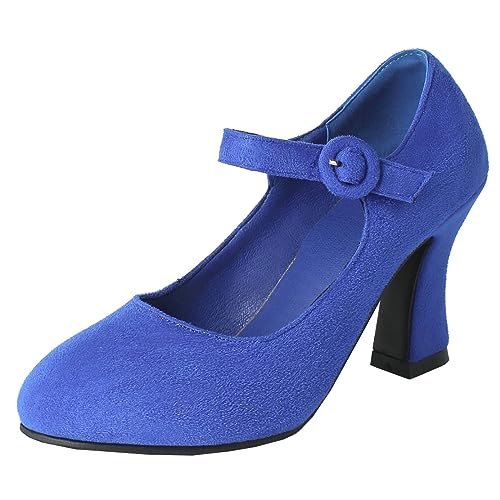 Mary Jane Damenschuhe High Heels Pumps mit Blockabsatz und Riemchen Geschlossen 8cm Absatz Schuhe(Blau,34) von MISSUIT