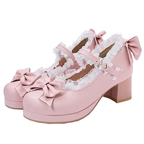 Mary Jane Damenschuhe Pumps mit Blockabsatz und Riemchen 5cm Absatz Rockabilly Schuhe(Pink,37) von MISSUIT