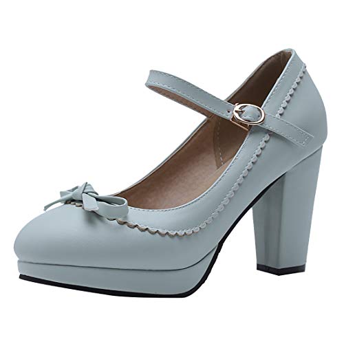 Mary Jane Pumps mit Blockabsatz High Heels Plateau Geschlossen 8cm Absatz Retro Vintage Rockabilly Schuhe(Blau,36) von MISSUIT