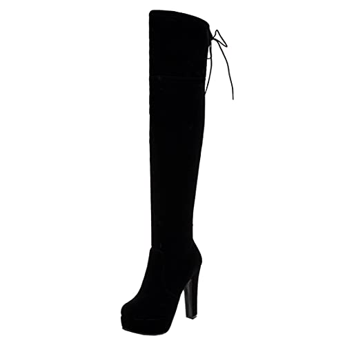 Overknee Stiefel mit Blockabsatz und Schnürung High Heels Plateau Stretch Boots 12cm Absatz Winter Schuhe(Schwarz,39) von MISSUIT