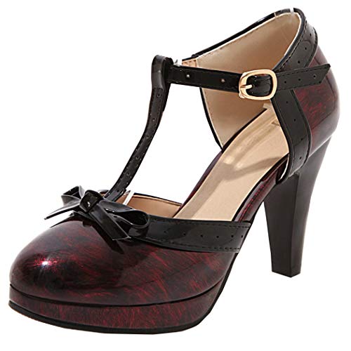 T-spangen Pumps Damen Lack High Heels Plateau mit 9cm Absatz Rockabilly Schuhe(Rot,37) von MISSUIT