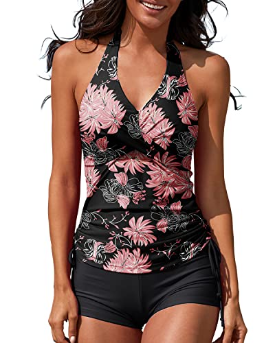 MISSVOG Zweiteiliger Tankini-Badeanzug für Damen, gepolstert, verstellbarer Kordelzug, mit Boyshorts, Floraler Print, Large von MISSVOG