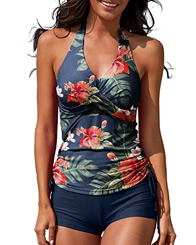 MISSVOG Zweiteiliger Tankini-Badeanzug für Damen, gepolstert, verstellbarer Kordelzug, mit Boyshorts, Marineblaue Blume, XL von MISSVOG