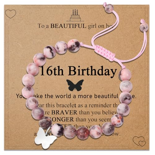 MISUMOR 7-16 Jahre Geburtstag Geschenke für Mädchen, Rosa Perlen Armband mit Schmetterling und Nachrichtenkarte Geburtstagsgeschenk für Mädchen Tochter Enkelin Nichte von MISUMOR