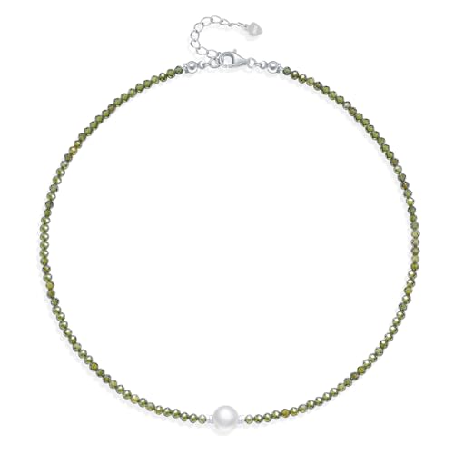 MISUMOR Echte Naturstein Kristall Halskette Damen 925 Sterling Silber Perlenkette Damen Schmuck Geschenke für Frauen Freundin Mama zum Muttertag Weihnachten Valentinstag (Peridot Kristall) von MISUMOR