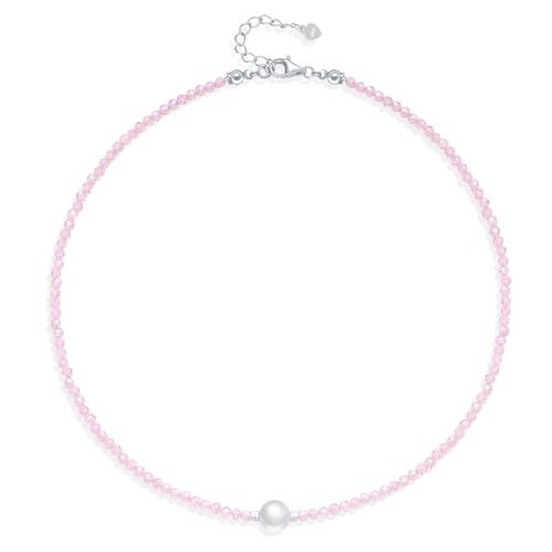 MISUMOR Echte Naturstein Kristall Halskette Damen 925 Sterling Silber Perlenkette Damen Schmuck Geschenke für Frauen Freundin Mama zum Muttertag Weihnachten Valentinstag (Rosa Kristall) von MISUMOR