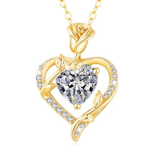 MISUMOR Halskette Damen Silber 925 mit Rosen Herz Anhänger Kette Gold Schmuck Damen Geschenke für Frauen Freundin Mutter zum Geburtstag Muttertag Weihnachten Valentinstag Hochzeitstag von MISUMOR
