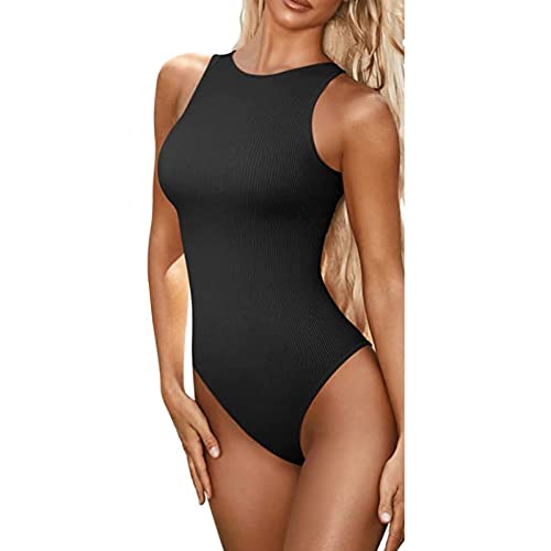 MISUVRSE Damen Sexy gerippte Ärmellose Neck Bodysuits Body Kurzarm Damenbody Elegant Bodysuit Bluse Tops mit Rundhals Skinny Strampler Einfarbig Overall für den Sommer von MISUVRSE