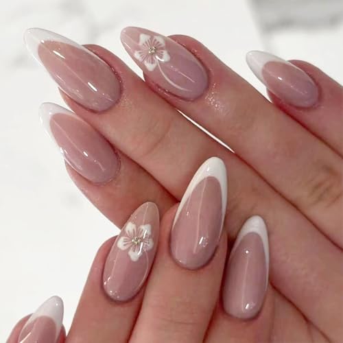 Press on Nails Mandel Fake French Full Covers Acryl Falsche Blumen Designs Fake für Frauen und Mädchen Acryl Kleber auf Nagel für Frauen klar von MISUVRSE