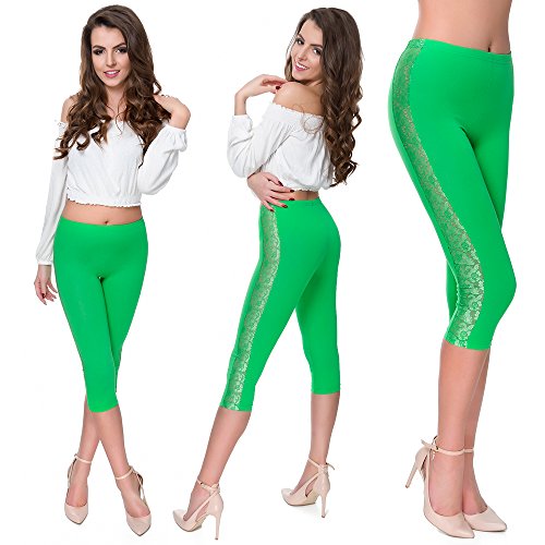 MITAAMI - Damen Leggings mit 3/4-Länge - Spitzen-Einsätze - weiche Baumwolle - Größe 36-56 - LPL34 - Grün - 44 von MITAAMI