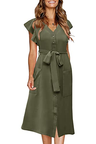 MITILLY Damen Boho Polka Dot Flutter Kurzarm V-Ausschnitt Button Down Swing Midikleid mit Taschen, Solid Army Green, Groß von MITILLY