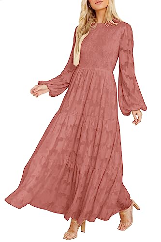 MITILLY Damen Elegant Floral Langarm Rundhals Gesmokt A-Linie Flowy Stufened Maxikleid mit Taschen, Bohnenpaste rot, Groß von MITILLY