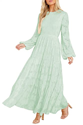 MITILLY Damen Elegant Floral Langarm Rundhals Gesmokt A-Linie Flowy Stufened Maxikleid mit Taschen, Hellgrün, Mittel von MITILLY