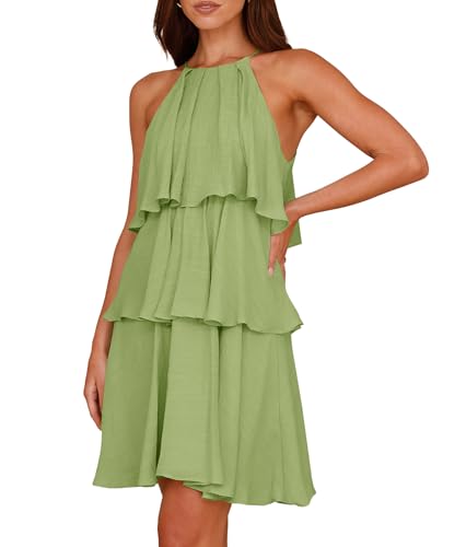 MITILLY Damen Sommer Spaghettiträger Neckholder Kleider Ärmellos Rüschen Gestuft Lagenplissiert A-Linie Swing Minikleid, Salbeigrün, Klein von MITILLY