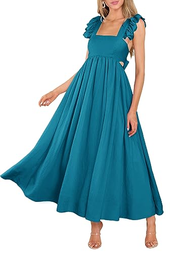 MITILLY Damen-Sommerkleid mit Flatterärmeln, quadratischem Ausschnitt, Raffhalter, lässig, plissiert, A-Linie, fließendes Maxikleid mit Taschen, Pfauenblau, Mittel von MITILLY
