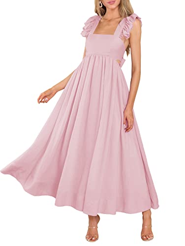 MITILLY Damen-Sommerkleid mit Flatterärmeln, quadratischem Ausschnitt, Raffhalter, lässig, plissiert, A-Linie, fließendes Maxikleid mit Taschen, Pink, Groß von MITILLY