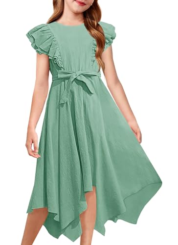 MITILLY Tween Mädchen-Sommerkleid, doppellagig, Rüschenärmel, hoch niedrig, schwingend, fließend, lässig, elegant, Kleider mit Gürtel, Salbeigrün, 116 von MITILLY