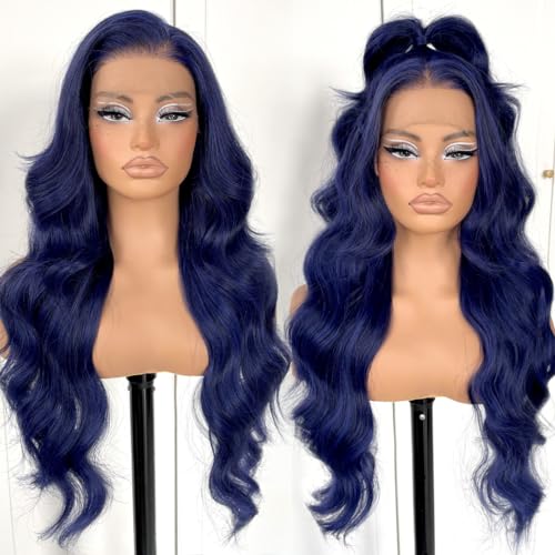 MITIMES 13X6 Glueless Blue Body Wave Lace Front Perücke vorgezogene synthetische dunkelblaue Hd Perücke mit Spitze vorne für modische Frauen, transparente Spitzenperücke MITIMES 13X6 Glueless Blue Body Wave Lace Front Perücke vorgezogene synthetische dunkelblaue Hd Perücke mit Spitze vorne für modische Frauen, transparente Spitzenperücke von MITIMES