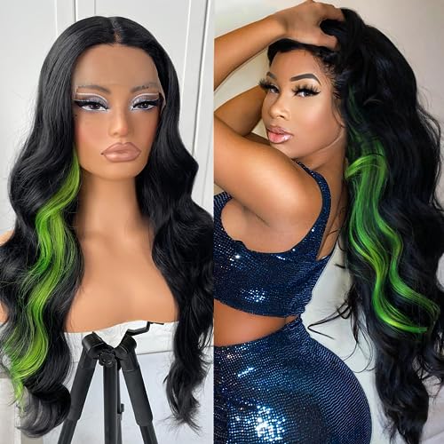 MITIMES Skunk Perücke mit grünen Streifen, ohne Klebstoff, hervorgehoben, mit vorgezogenem Spitzenansatz, synthetisch, Body Wave Wear And Go Perücke mit Frontnetz für schwarze Frauen von MITIMES