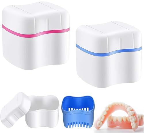 MITUMORMOR 2 Stück Dentures Case, Zahnprothese Etui, Protesenbehälter Dental Retainer Box, Tragbarer Zahnspangendose mit Sieb, Prothesen Becher Box für Falsche Zähne Und Zahnspangen von MITUMORMOR
