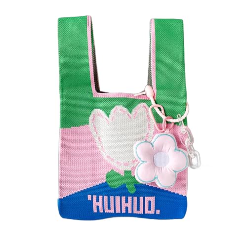MIUPOO Damen Strick Einkaufstasche,Handgefertigte Strick Handtasche für Frauen,Mini Knoten Handgelenktasche,Tragbare Geldbörse,Gewebte Umhängetasche,Rosa von MIUPOO