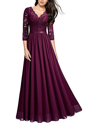 MIUSOL Abendkleider Damen Elegant Vintage Hochzeit Spitze Chiffon Faltenrock Prom Langes Kleid Magenta S von MIUSOL