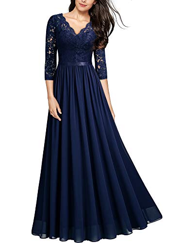 MIUSOL Abendkleider Damen Elegant Vintage Hochzeit Spitze Chiffon Faltenrock Prom Langes Kleid Navy Blau L von MIUSOL