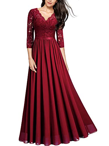 MIUSOL Abendkleider Damen Elegant Vintage Hochzeit Spitze Chiffon Faltenrock Prom Langes Kleid Rot XL von MIUSOL