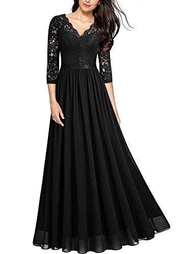 MIUSOL Abendkleider Damen Elegant Vintage Hochzeit Spitze Chiffon Faltenrock Prom Langes Kleid Schwarz L von MIUSOL