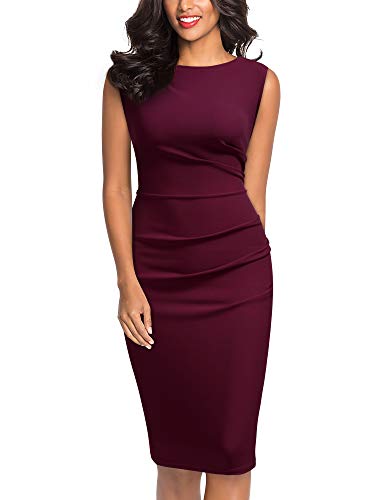 MIUSOL Damen Ärmellos Knielang Fältchen Etuikleid Businesskleid Burgund M Kleid Kleider von MIUSOL