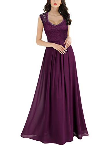 MIUSOL Damen Aermellos V-Ausschnitt Spitzenkleid Brautjungfer Cocktailkleid Chiffon Faltenrock Langes Kleid Magenta S von MIUSOL