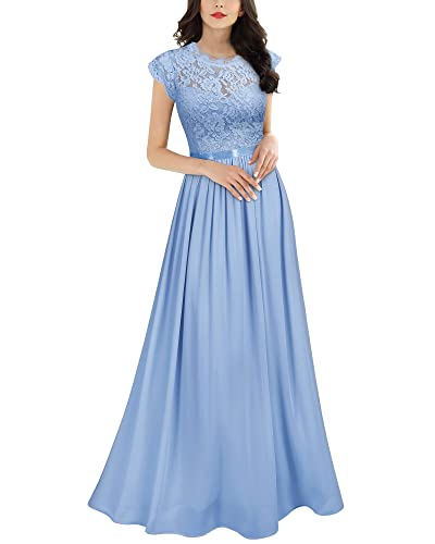 MIUSOL Damen Elegant Ärmellos Rundhals Vintage Spitzenkleid Hochzeit Chiffon Faltenrock Langes Kleid Hellblau Gr.XL von MIUSOL