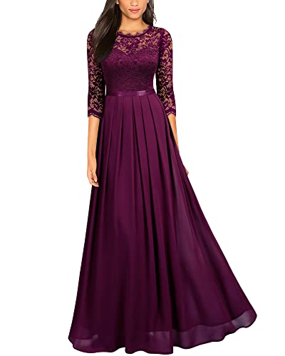 MIUSOL Damen Elegant Halbarm Rundhals Vintage Spitzenkleid Hochzeit Chiffon Faltenrock Langes Kleid Magenta 2XL von MIUSOL