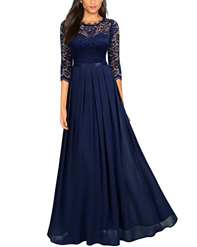 MIUSOL Damen Elegant Halbarm Rundhals Vintage Spitzenkleid Hochzeit Chiffon Faltenrock Langes Kleid Navy Blau S von MIUSOL