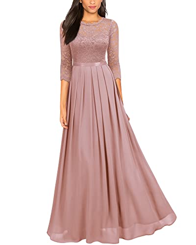 MIUSOL Damen Elegant Halbarm Rundhals Vintage Spitzenkleid Hochzeit Chiffon Faltenrock Langes Kleid Rosa Gr.S von MIUSOL