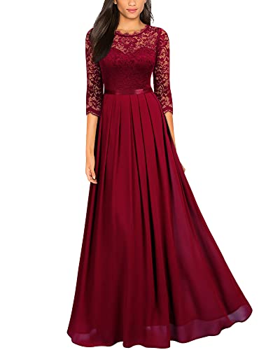 MIUSOL Damen Elegant Halbarm Rundhals Vintage Spitzenkleid Hochzeit Chiffon Faltenrock Langes Kleid Rot Gr.S von MIUSOL