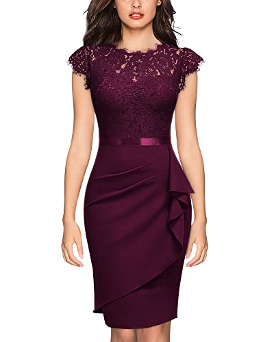 MIUSOL Damen Elegante Blumen Spitze Rüschen Design Knielang Cocktail Party Kleid（Burgund，Gr.XXL） von MIUSOL