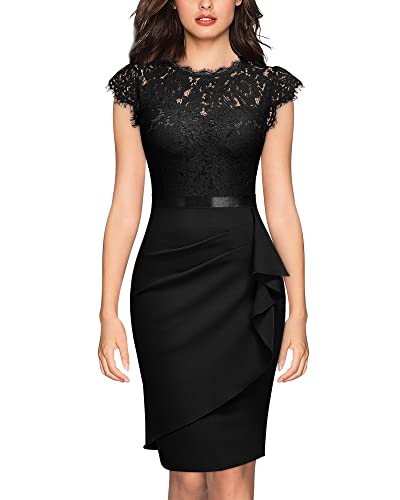 MIUSOL Damen Elegante Blumen Spitze Rüschen Design Knielang Cocktail Party Kleid（Schwarz，Gr.XXL） von MIUSOL