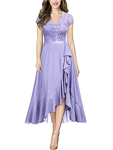 MIUSOL Damen Halbarm Rundhals Vintage Spitzenkleid Hochzeit Chiffon Faltenrock Langes Kleid Helles Lila Gr.M von MIUSOL