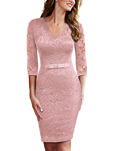 MIUSOL Damen Knielang Spitzen Kleider Stretch Business Etuikleid Rosa Gr.2XL von MIUSOL