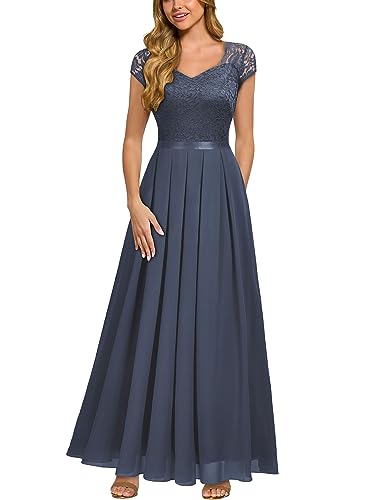 MIUSOL Damen Kurzarm V-Ausschnitt Spitzen Chiffon Cocktail Kleider Brautjungfer Party Langes Abendkleid（Grau，Gr.S） von MIUSOL