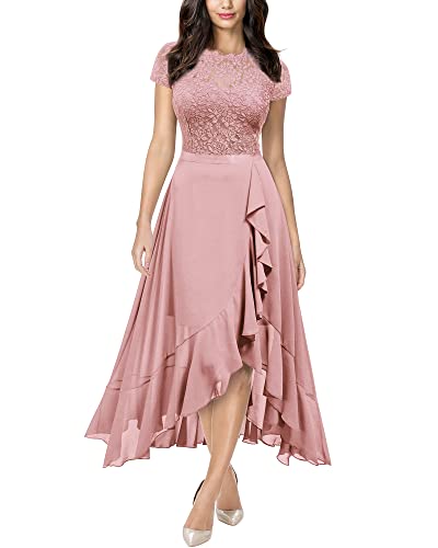 MIUSOL Damen Rundhals Spitzenkleider Hochzeit Brautjungfer Chiffon Abendkleider Rosa Gr.S von MIUSOL