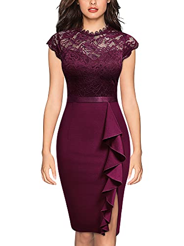 MIUSOL Damen Spitze Kurzarm Business Etuikleid Cocktailkleid Burgund Gr.2XL von MIUSOL