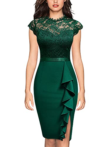 MIUSOL Damen Spitze Kurzarm Business Etuikleid Cocktailkleid Dunkelgrün Gr.M von MIUSOL